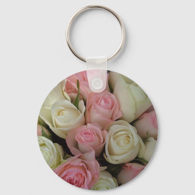Beautiful Pink White Roses Flower Bouquet Key Ring (Front)