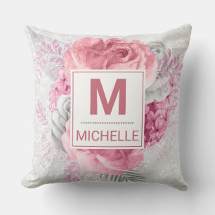 Beautiful Pink, White & Silver Flowers Monogram Cushion