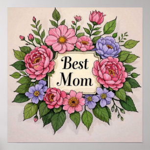 Beautiful Pinkish Flowery Best Mom  Poster