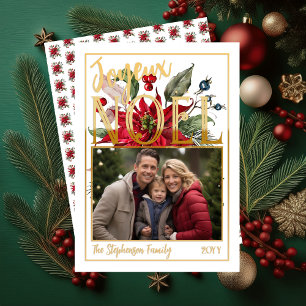Beautiful Poinsettia and Berries Joyeux Noël  Foil Holiday Card