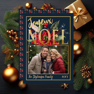 Beautiful Poinsettia and Berries Joyeux Noël Holiday Card