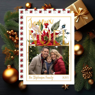 Beautiful Poinsettia and Berries Joyeux Noël  Holiday Card