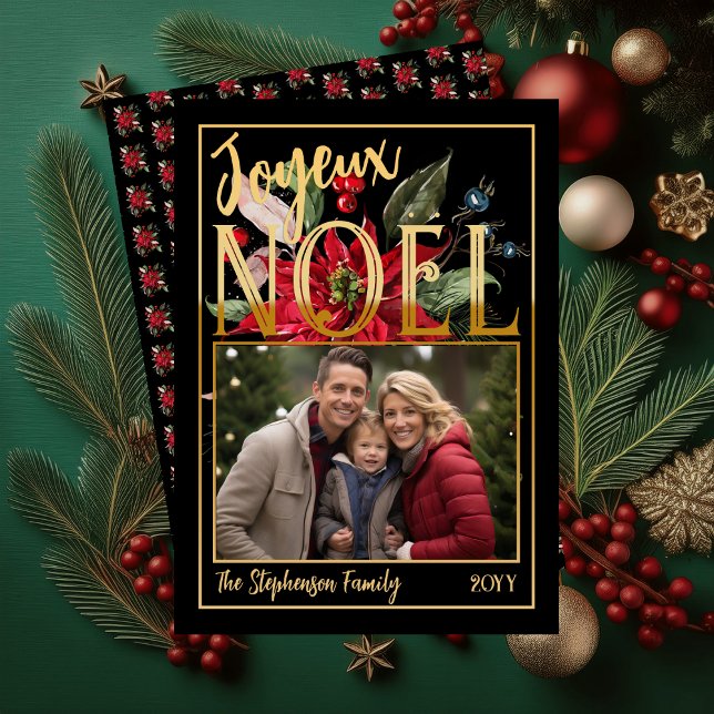 Beautiful Poinsettia and Berries Joyeux Noël  Holiday Card ("Joyeux Noël" French "Merry Christmas" Faux Foil and Black Poinsettia | Berries Flat Greeting Card)