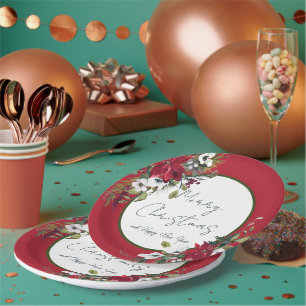Beautiful poinsettia frame Christmas Holiday Pape Paper Plate