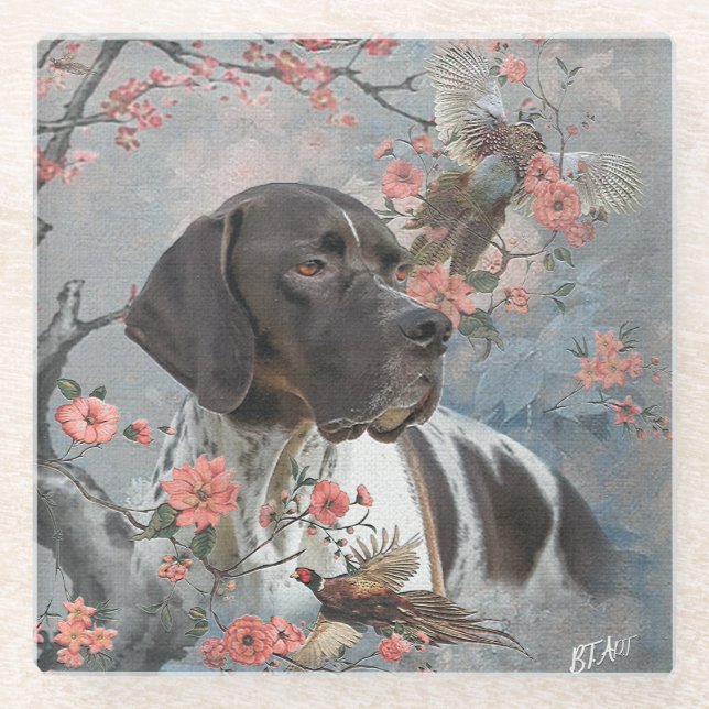 Beautiful pointer with pheasants    glass coaster (Front)
