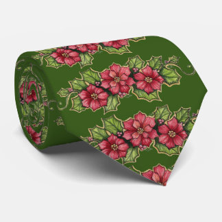 Beautiful Pointsettia on Dark Green Christmas Tie
