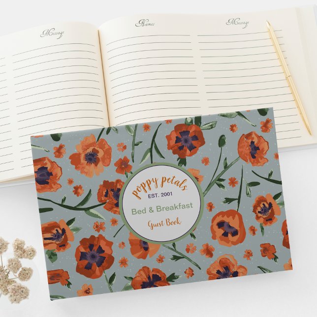 Beautiful Poppies Floral Pattern Guest Book  (Exquisite Hand-Painted Orange Oriental Poppies Guest Book from Studio Posies.
)