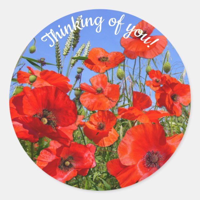 Beautiful Poppy Field Thinking of You Classic Round Sticker (Front)