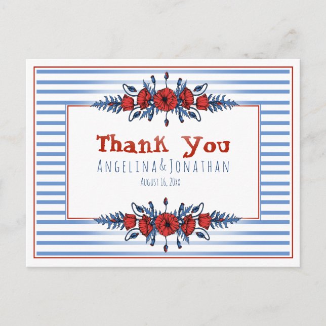Beautiful Poppy Floral & Stripes Postcard (Front)
