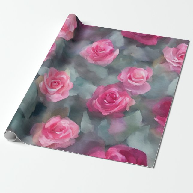 Beautiful Popular Watercolor Pink Roses Collection Wrapping Paper (Unrolled)