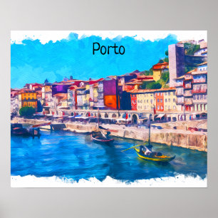 Beautiful Porto Portugal Panorama View Watercolor Poster