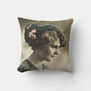 Beautiful portrait of woman 1919 art deco vintage cushion