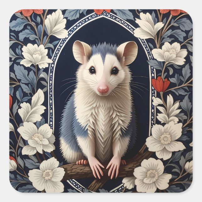 Beautiful Possum William Morris Inspired Floral Square Sticker (Front)