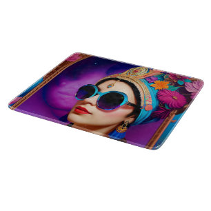 Beautiful princess with sunglasses cutting board