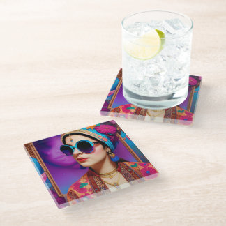 Beautiful princess with sunglasses glass coaster