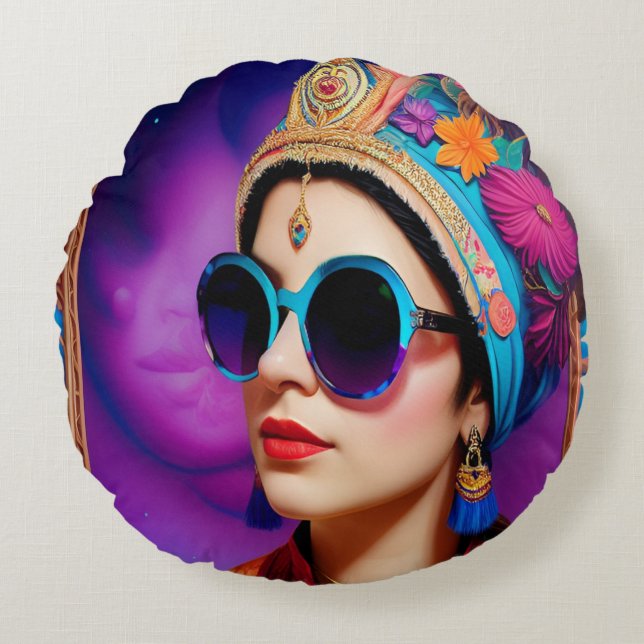 Beautiful princess with sunglasses round cushion (Front)