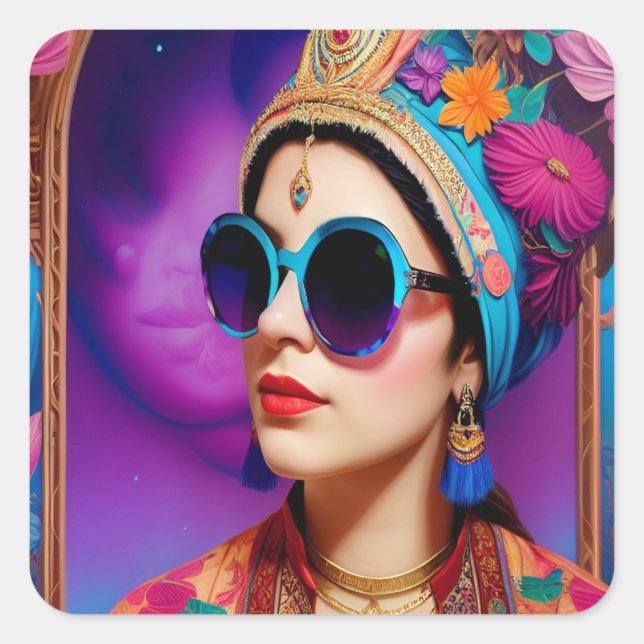 Beautiful princess with sunglasses square sticker (Front)