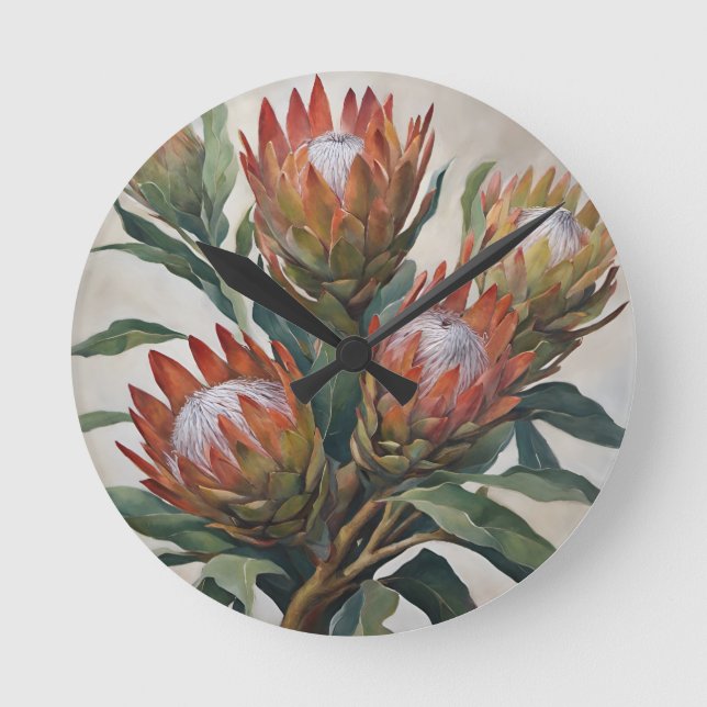 Beautiful Protea Flowers from South Africa Round Clock (Front)