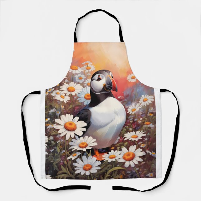 Beautiful Puffin In Daisy Field Apron (Front)