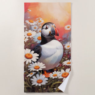 Beautiful Puffin In Daisy Field Beach Towel