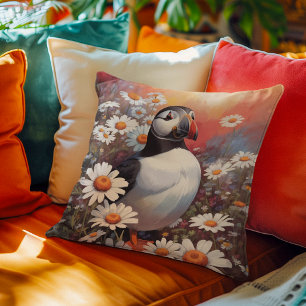 Beautiful Puffin In Daisy Field Cushion