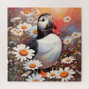 Beautiful Puffin In Daisy Field Jigsaw Puzzle