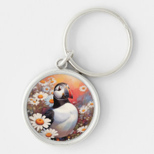 Beautiful Puffin In Daisy Field Key Ring