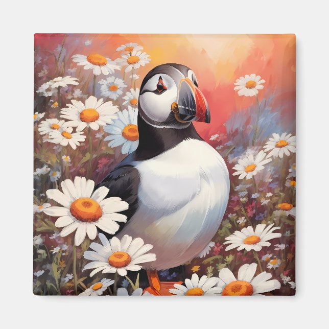 Beautiful Puffin In Daisy Field Magnet (Front)