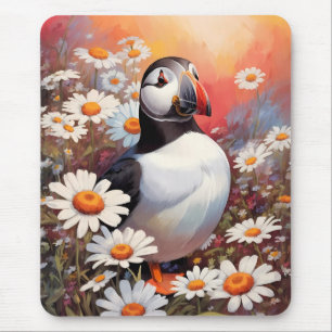 Beautiful Puffin In Daisy Field Mouse Pad