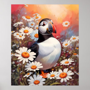 Beautiful Puffin In Daisy Field Poster