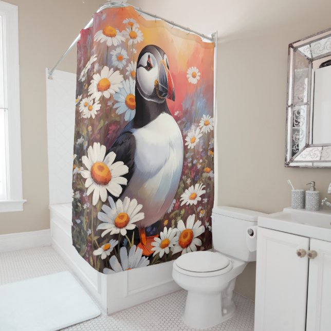 Beautiful Puffin In Daisy Field Shower Curtain (In Situ)