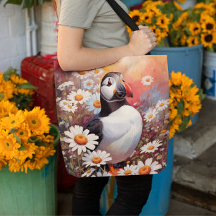 Beautiful Puffin In Daisy Field Tote Bag