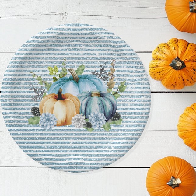 Beautiful Pumpkin Blue Thanksgiving Watercolor Paper Plate (Creator Uploaded)