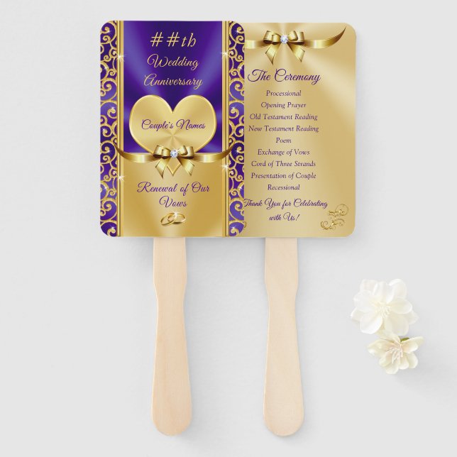 Beautiful Purple and Gold Anniversary Program Fans (Front and Back)