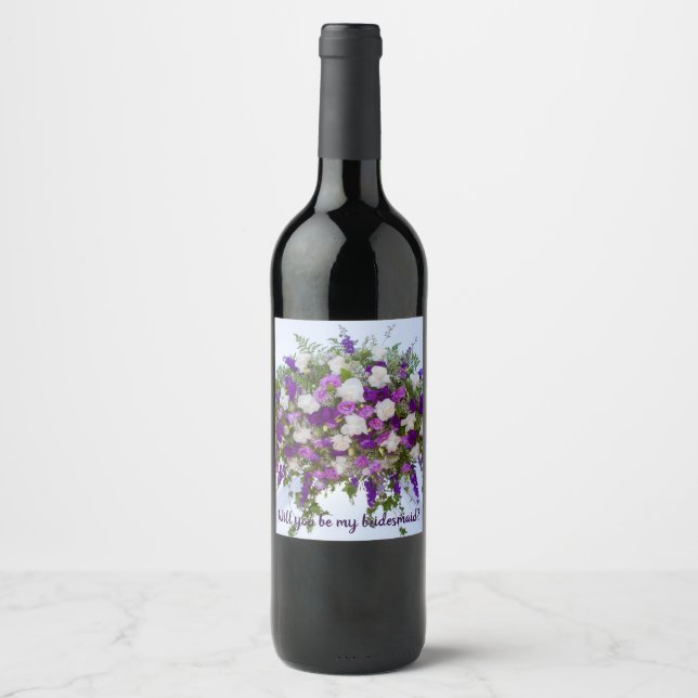 Beautiful Purple and White Flowers Bridesmaid Wine Label (Front)