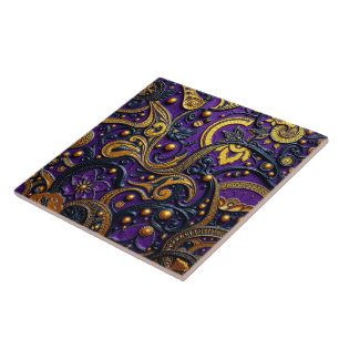 Beautiful Purple Black Gold Floral Abstract Ceramic Tile