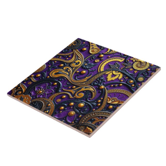 Beautiful Purple Black Gold Floral Abstract Ceramic Tile (Side)