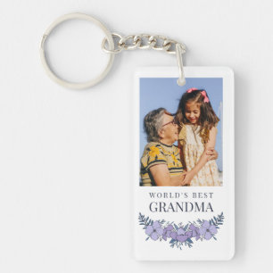 Beautiful Purple Blue Floral Best Grandma Photo Key Ring