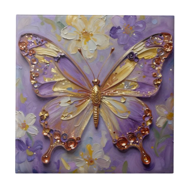 Beautiful Purple Butterfly and Flowers Ceramic Tile (Front)