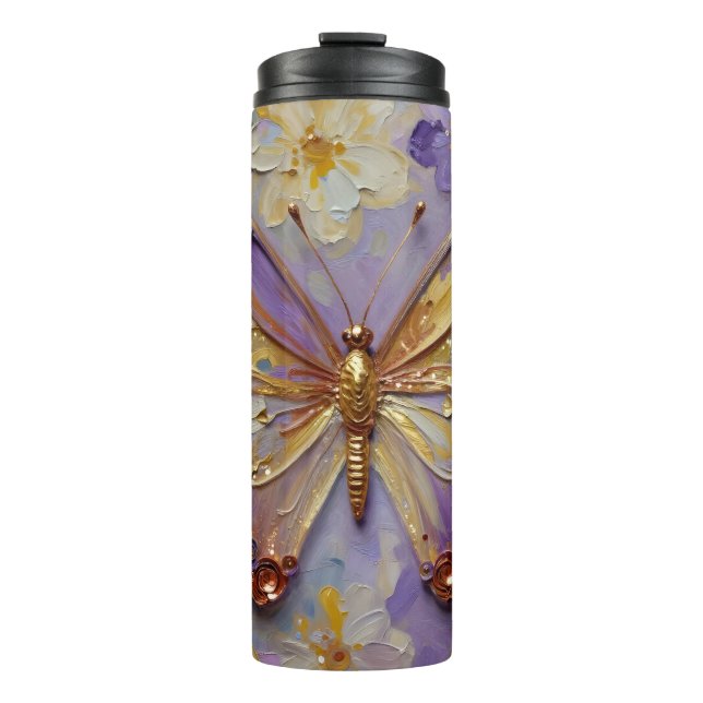 Beautiful Purple Butterfly and Flowers Thermal Tumbler (Front)