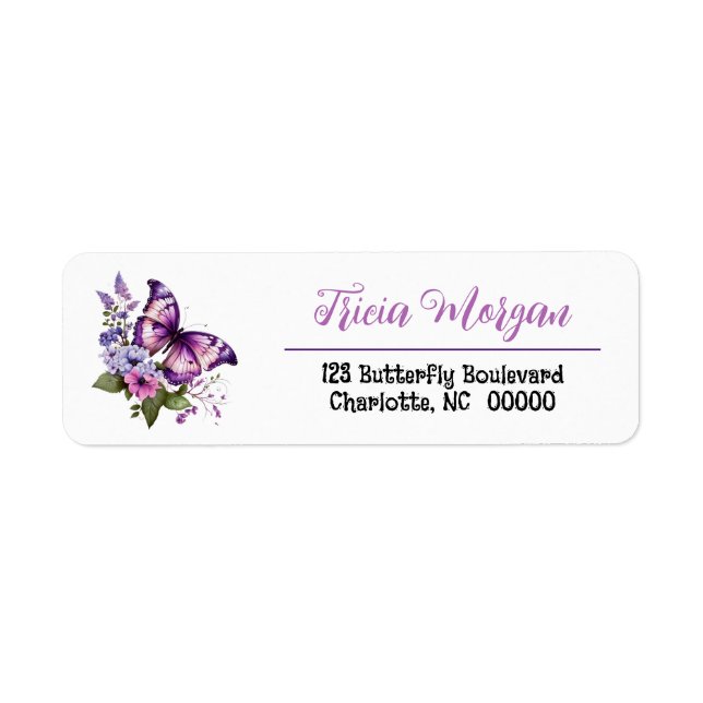 Beautiful Purple Butterfly Floral Return Address Label (Front)