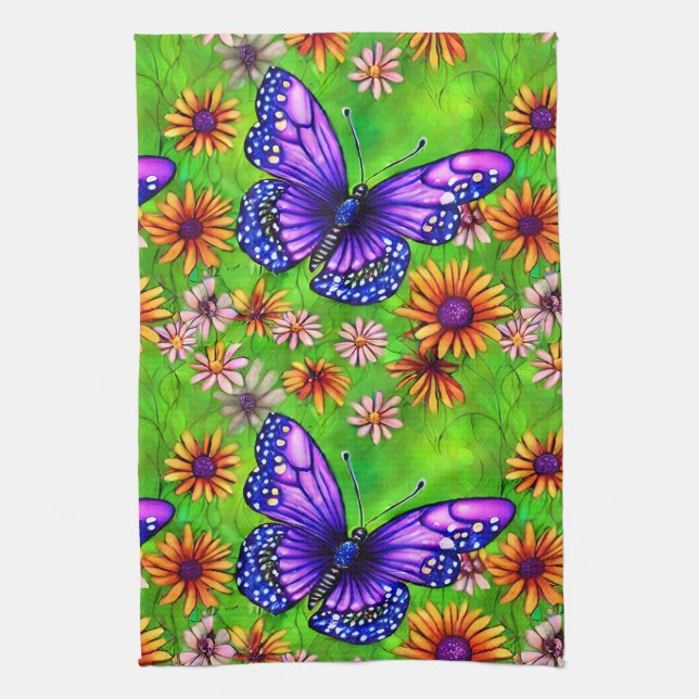 Beautiful Purple Butterfly Flower Meadow Tea Towel (Vertical)