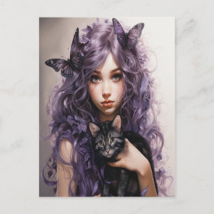 Beautiful Purple Fairy Butterflies Black Cat Postcard