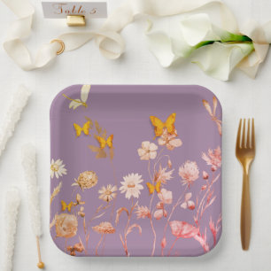 Beautiful purple floral and butterfly paper plate