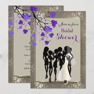 Beautiful Purple Floral & Antique Silver Damask Invitation