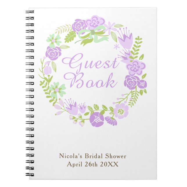 Beautiful Purple Floral Wreath Bridal Shower Notebook (Front)