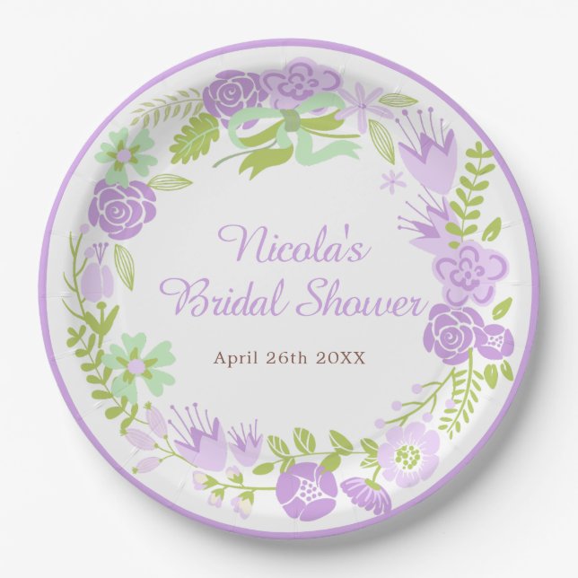 Beautiful Purple Floral Wreath Bridal Shower Paper Plate (Front)