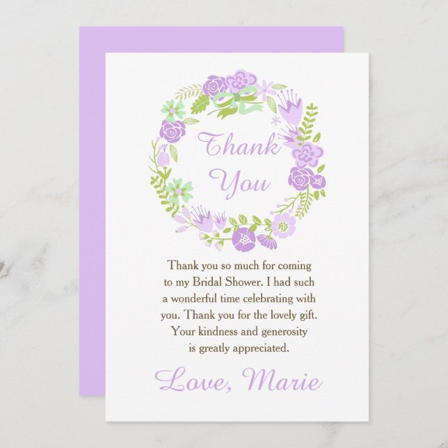 Beautiful Purple Floral Wreath Bridal Shower Thank You Card (Front/Back)