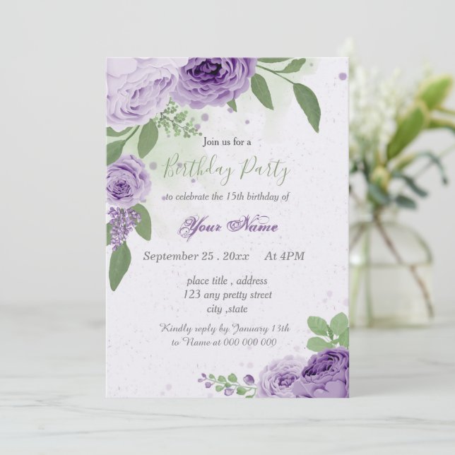 beautiful purple flowers green leaves birthday invitation (Standing Front)