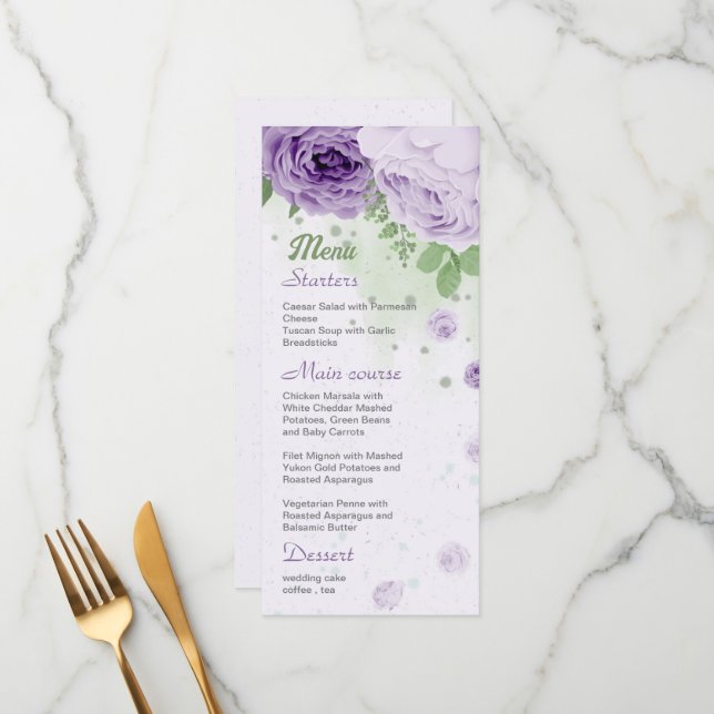 beautiful purple flowers green leaves botanical menu (Front/Back In Situ)